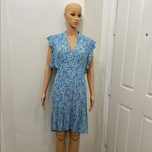 Scoop Dress Blue Yellow Floral Sundress VNeck Ruffled Short Flutter Sleeves Midi